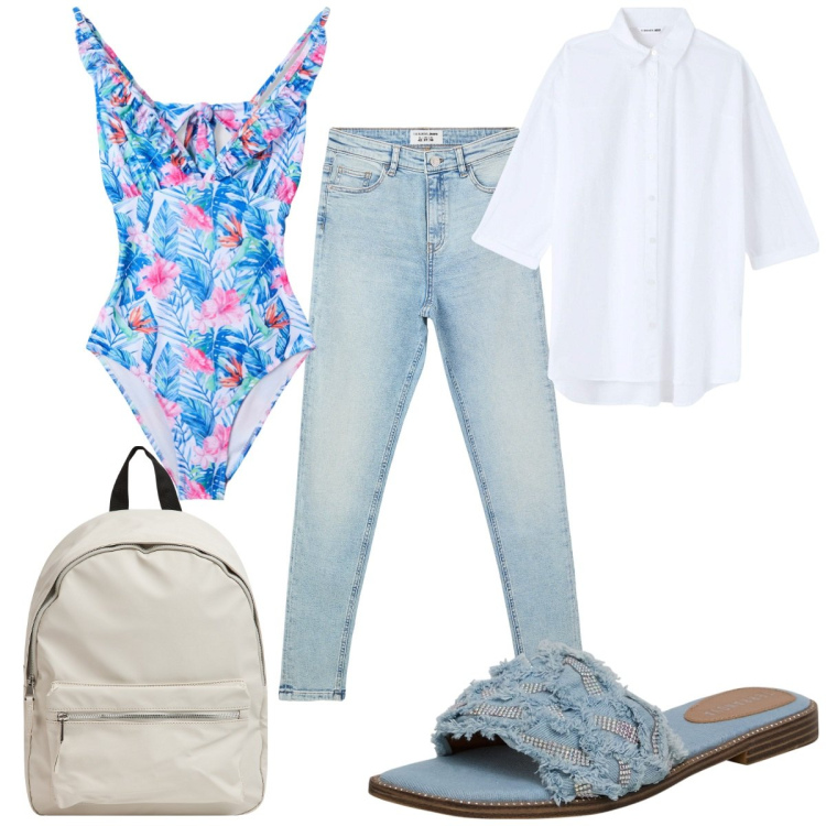 Outfit donna - Terranova: vacanze in jeans. Stile Trendy per Mare. Abbinamento con costumi interi, jeans skinny, camicie, ciabatte, zaini.