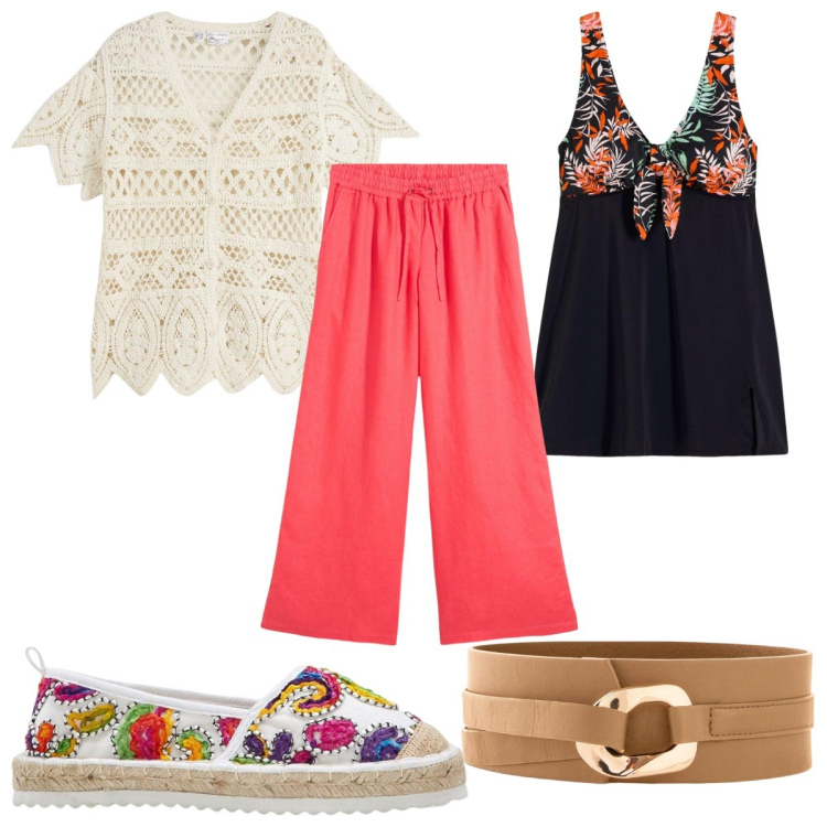 Outfit donna - Bonprix : vacanze trendy. Stile Trendy per Mare. Abbinamento con espadrillas, cinture, vestiti da spiaggia, cardigans, pantaloni a palazzo.