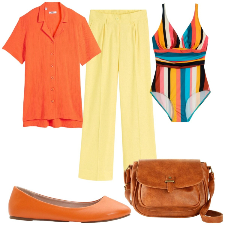 Outfit donna - bonprix: Hot Summer Vibes in arancione. Stile Trendy per Mare. Abbinamento con camicie a manica corta, costumi interi, borse a tracolla, pantaloni a palazzo, ballerine.