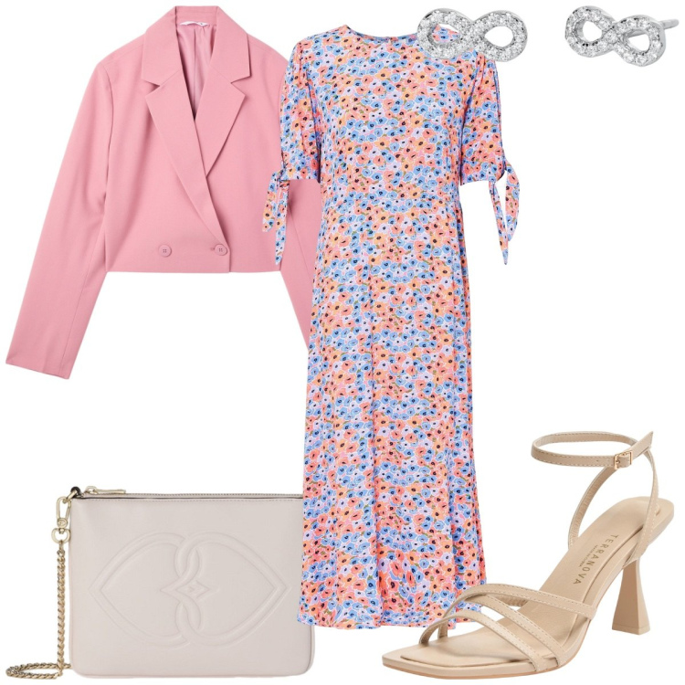 Outfit donna - L\'abito midi per la cerimonia. Stile Romantica per Cerimonia. Abbinamento con vestiti midi/longuette, blazer, sandali col tacco, orecchini, pochette.
