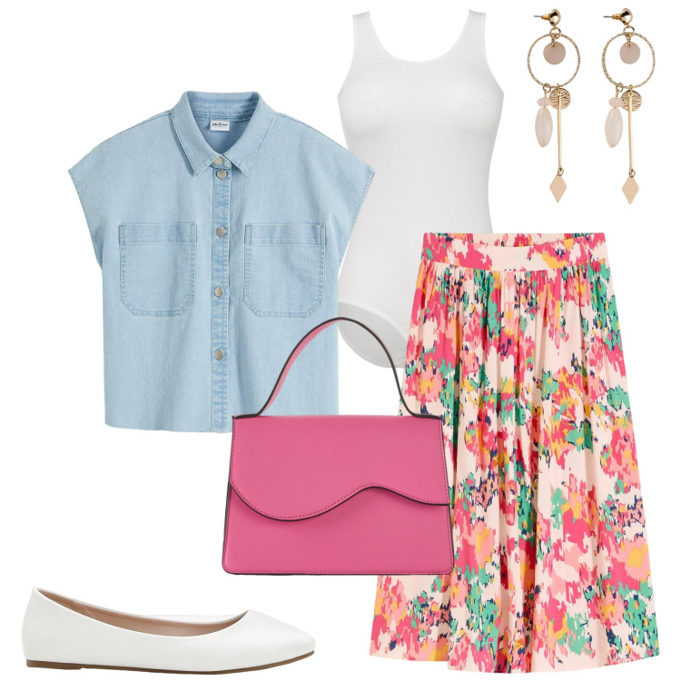Outfit donna - Summer Bonprix. Stile Bon Ton per Ufficio. Abbinamento con gonne longuette, body, orecchini, camicie, ballerine, borse a tracolla.