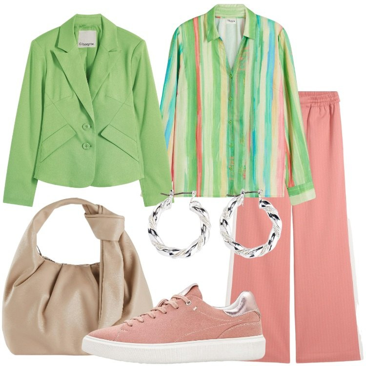 Outfit donna - bonprix - HOT SUMMER VIBES. Stile Trendy per Tutti i giorni. Abbinamento con orecchini, borse a mano, pantaloni a palazzo, sneakers, blazer, camicie.
