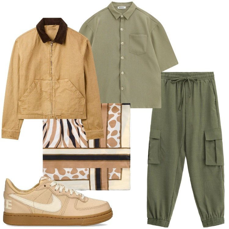 Outfit uomo - Safari urbano. Stile Trendy per Tutti i giorni. Abbinamento con cappotti, pantaloni cargo, camicie a manica corta, sciarpe e foulard, sneakers.