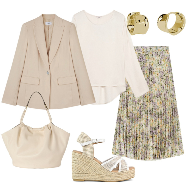 Outfit donna - Total look #2121359. Stile Casual chic per Ufficio. Abbinamento con orecchini, gonne lunghe, zeppe, blazer, borse a secchiello, bluse.