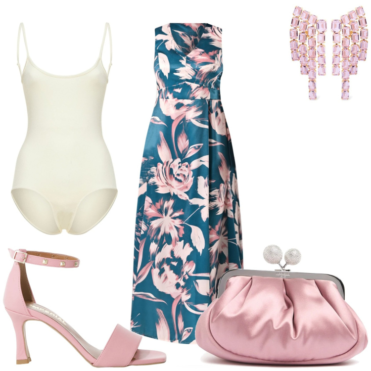 Outfit donna - Matrimonio di mattina. Stile Chic per Cerimonia. Abbinamento con sandali col tacco, vestiti lunghi, body, pochette, orecchini.