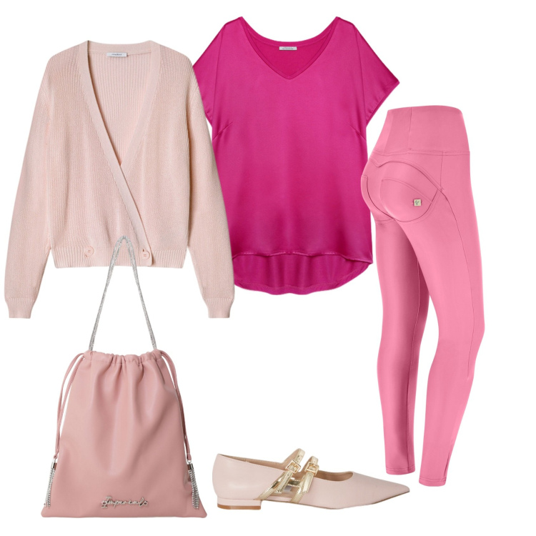 Outfit donna - Total look #2121363. Stile Casual chic per Tutti i giorni. Abbinamento con borse a secchiello, pantaloni skinny, t-shirt, ballerine, cardigans.