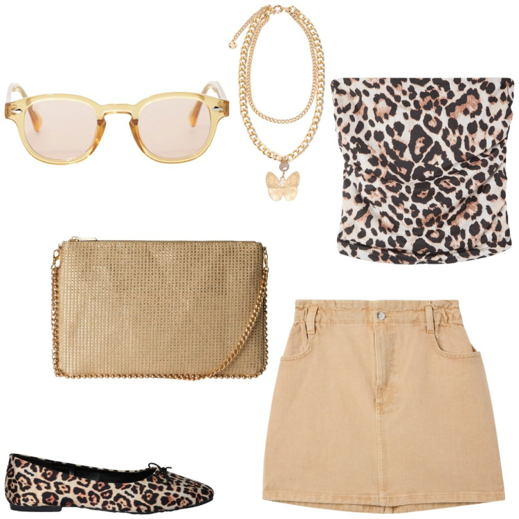 Outfit donna - Il dettaglio lo fa l\'occhiale. Stile Glamour per Tutti i giorni. Abbinamento con ballerine, top, minigonne, borse a tracolla, occhiali da sole, collane.