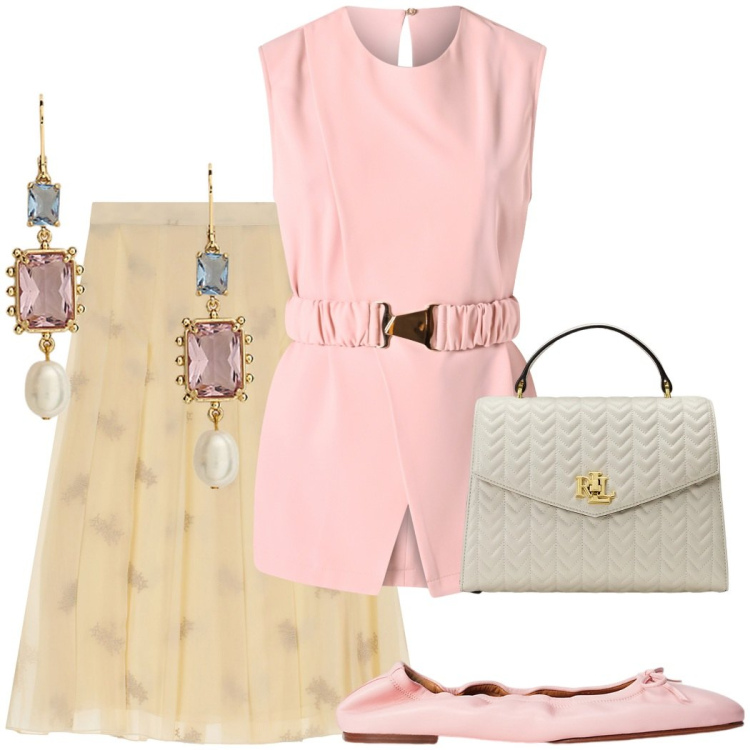 Outfit donna - Giallo burro & rosa. Stile Romantica per Serata fuori. Abbinamento con gonne longuette, bluse, orecchini, ballerine, borse a mano.
