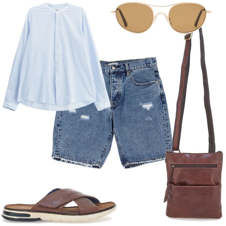 Outfit uomo - Casual per la città. Stile Casual per Tutti i giorni. Abbinamento con bermuda, camicie, sandali, portafogli, occhiali da sole.