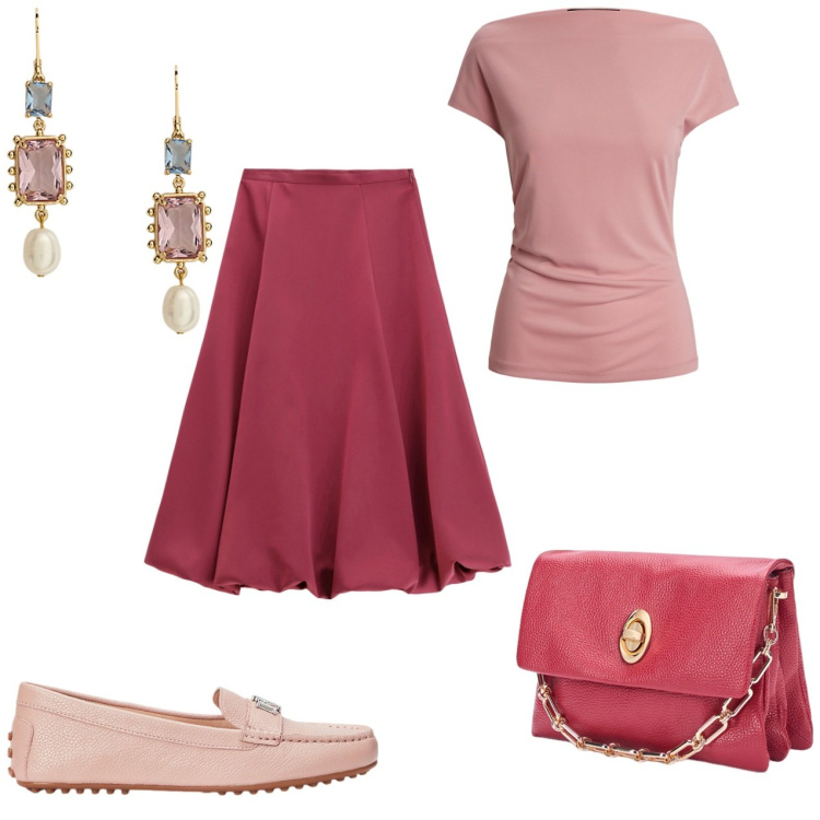 Outfit donna - Il rosa che non ti aspetti. Stile Casual per Tutti i giorni. Abbinamento con gonne longuette, orecchini, mocassini, t-shirt, borse a tracolla.