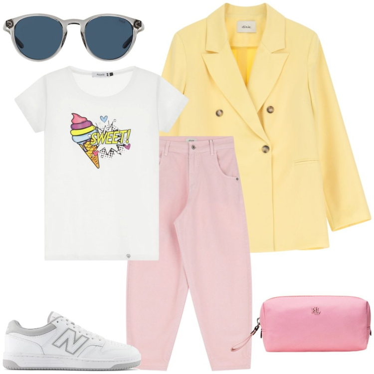 Outfit donna - Denim rosa. Stile Casual chic per Tutti i giorni. Abbinamento con sneakers, t-shirt, jeans, blazer, occhiali da sole, pochette.