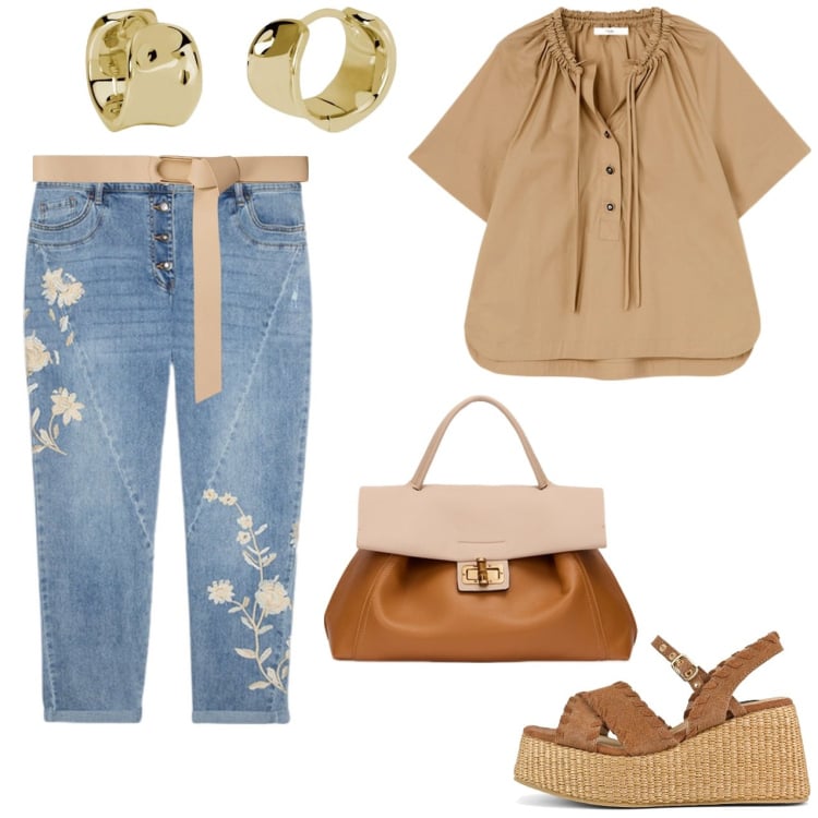 Outfit donna - Jeans con fiori. Stile Casual per Tutti i giorni. Abbinamento con orecchini, jeans, zeppe, camicie a manica corta, borse a tracolla, cinture.