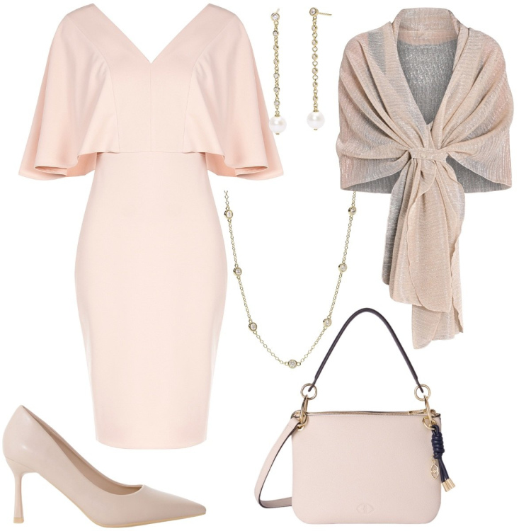 Outfit donna - Tinte pastello - focus donna curvy. Stile Chic per Cerimonia. Abbinamento con orecchini, collane, stole, vestiti a tubino, décolleté, borse a tracolla.
