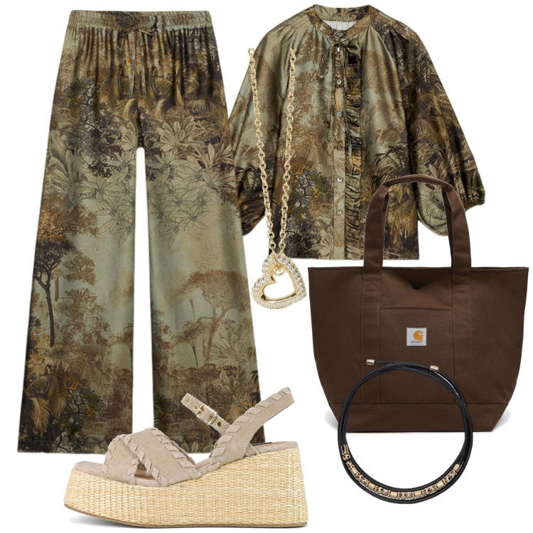 Outfit donna - Oltre completo in raso. Stile Casual chic per Ufficio. Abbinamento con collane, zeppe, bluse, borse tote, pantaloni a palazzo, cinture.