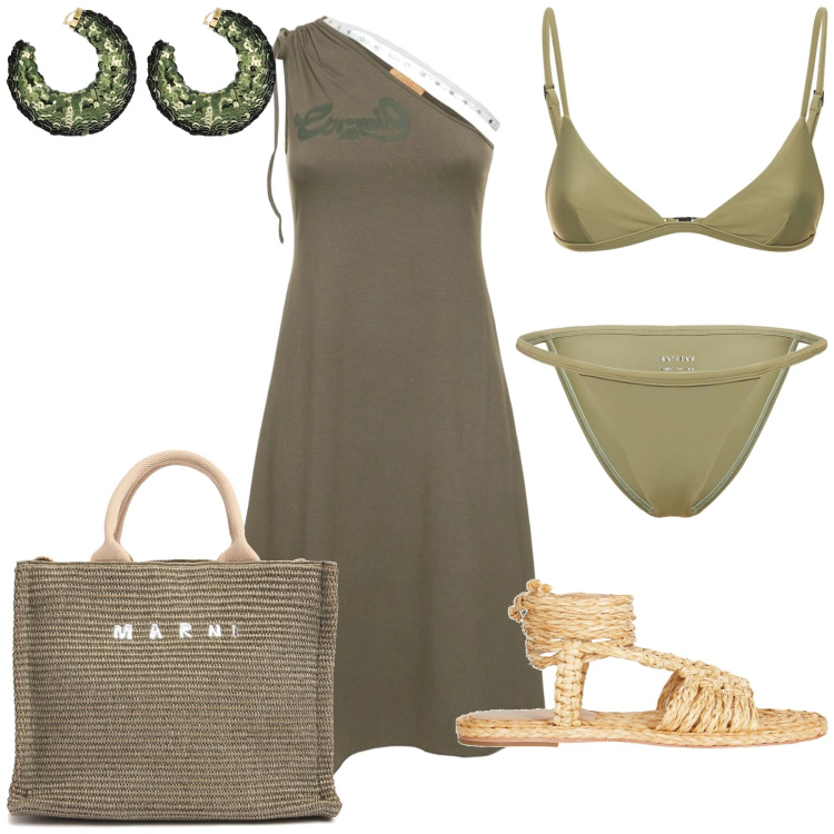Outfit donna - Verde mare. Stile Trendy per Sport. Abbinamento con espadrillas, vestiti asimmetrici, bikini, orecchini, shopping bag, bikini.