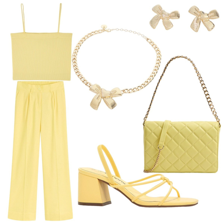 Outfit donna - All in yellow. Stile Casual per Tutti i giorni. Abbinamento con sandali col tacco, pantaloni a palazzo, borse a tracolla, canottiere, orecchini, collane.
