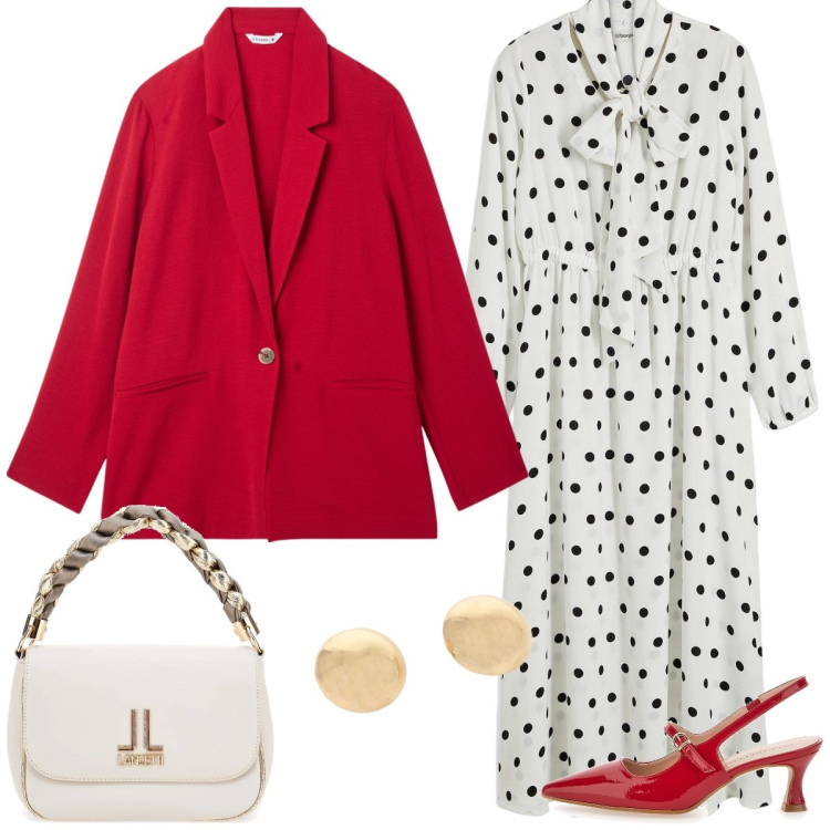 Outfit donna - Pois. Stile Chic per Tutti i giorni. Abbinamento con vestiti lunghi, blazer, orecchini, décolleté, borse a tracolla.