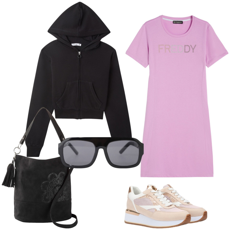 Outfit donna - Al supermercato. Stile Basic per Tutti i giorni. Abbinamento con borse a mano, felpe con cappuccio, occhiali da sole, vestiti lunghi, sneakers.