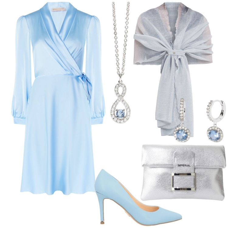 Outfit donna - Tinte pastello - focus donna curvy. Stile Chic per Cerimonia. Abbinamento con décolleté, ciondoli, orecchini, stole, vestiti, pochette.
