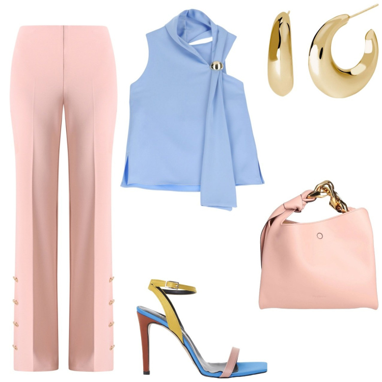 Outfit donna - Toni pastello. Stile Casual chic per Cerimonia. Abbinamento con borse a mano, pantaloni a palazzo, orecchini, top, sandali col tacco.