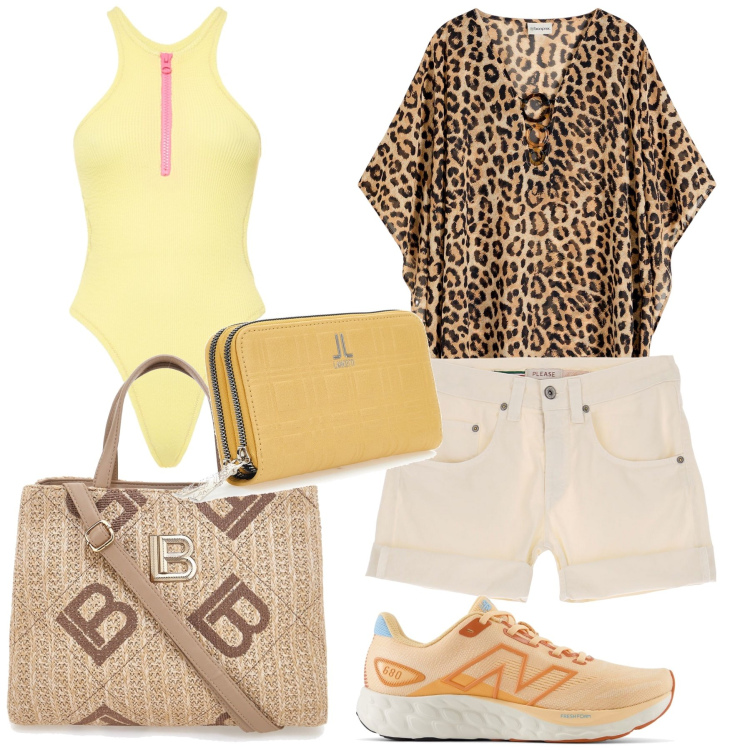 Outfit donna - Costume giallo sole. Stile Trendy per Mare. Abbinamento con vestiti da spiaggia, sneakers, shorts, portafogli, borse a tracolla, costumi interi.