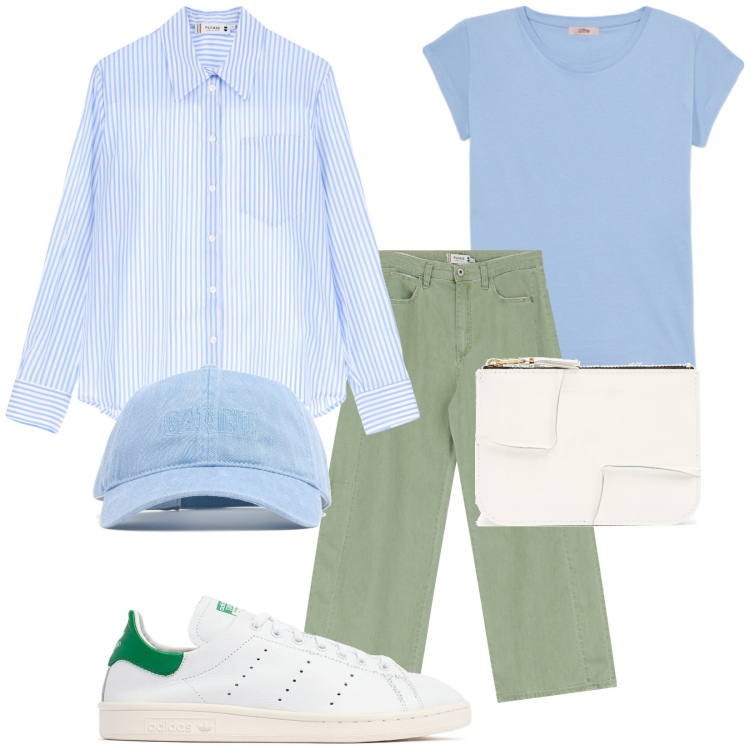 Outfit donna - La camicia a righe. Stile Trendy per Tutti i giorni. Abbinamento con pantaloni a palazzo, camicie, sneakers, cappelli, portafogli, t-shirt.