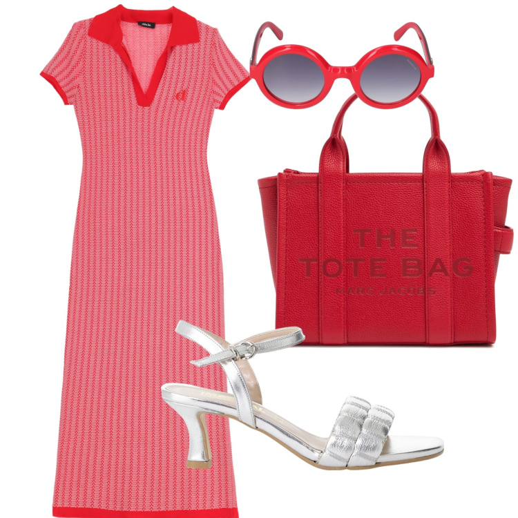 Outfit donna - Abito midi in maglia a righe. Stile Casual chic per Ufficio. Abbinamento con sandali col tacco, vestiti midi/longuette, shopping bag, occhiali da sole.