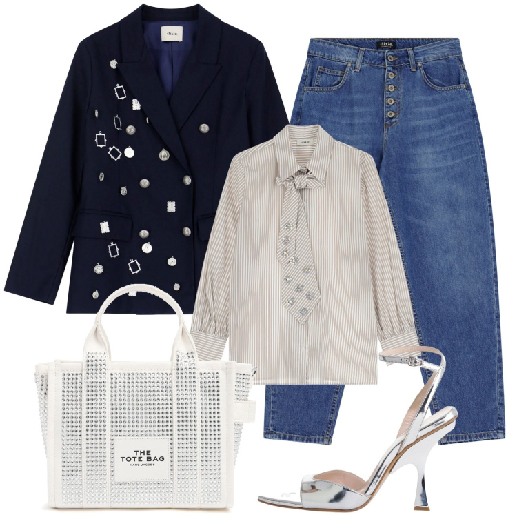 Outfit donna - Blazer doppio petto con spille e bottoni. Stile Casual chic per Ufficio. Abbinamento con jeans, blazer, décolleté, camicie, borse tote.