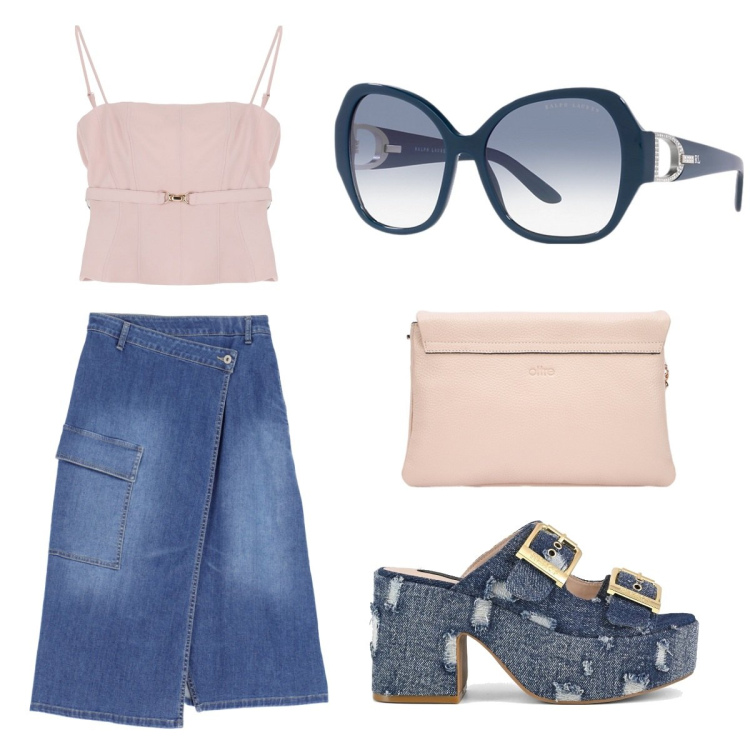 Outfit donna - Occhio al sole. Stile Casual chic per Tutti i giorni. Abbinamento con top, gonne longuette, occhiali da sole, sandali, borse a tracolla.