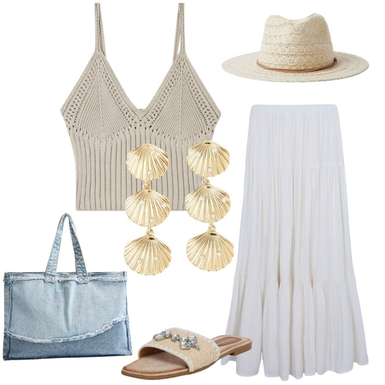 Outfit donna - Top in maglia. Stile Romantica per Mare. Abbinamento con ciabatte, gonne lunghe, cappelli, orecchini, top, shopping bag.