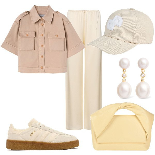 Outfit donna - Total look #2121432. Stile Casual chic per Tutti i giorni. Abbinamento con cappelli con visiera, borse a mano, orecchini, pantaloni, sneakers, camicie a manica corta.