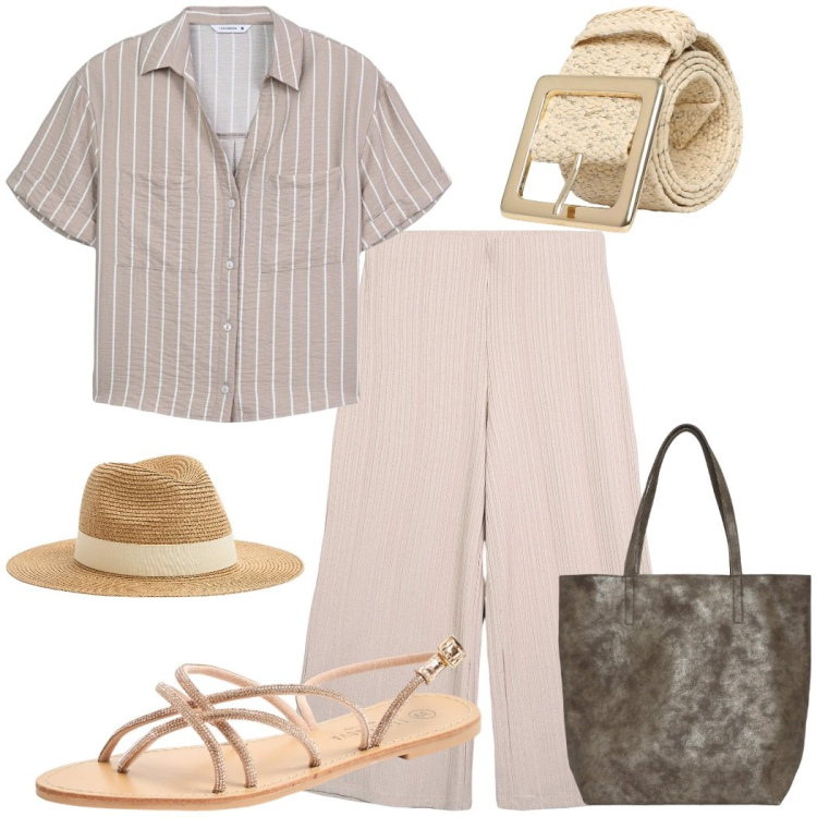 Outfit donna - Dolce vita. Stile Casual chic per Tutti i giorni. Abbinamento con sandali, pantaloni a palazzo, camicie a manica corta, cappelli, borse tote, cinture.