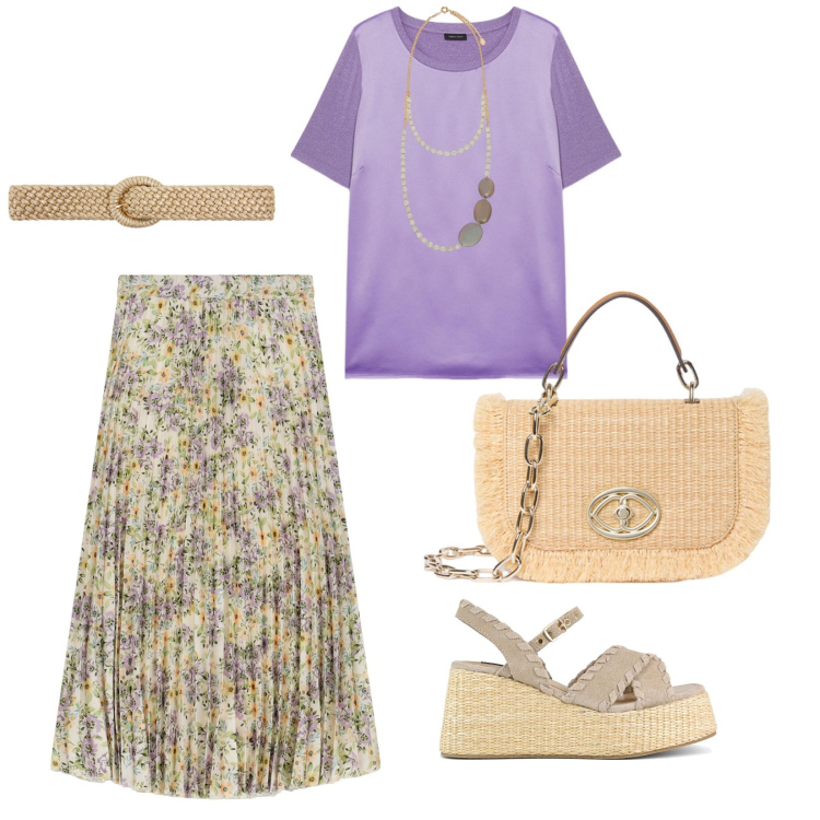Outfit donna - Fiori di maggio. per Tutti i giorni. Abbinamento con cinture, gonne lunghe, zeppe, t-shirt, collane, borse a tracolla.