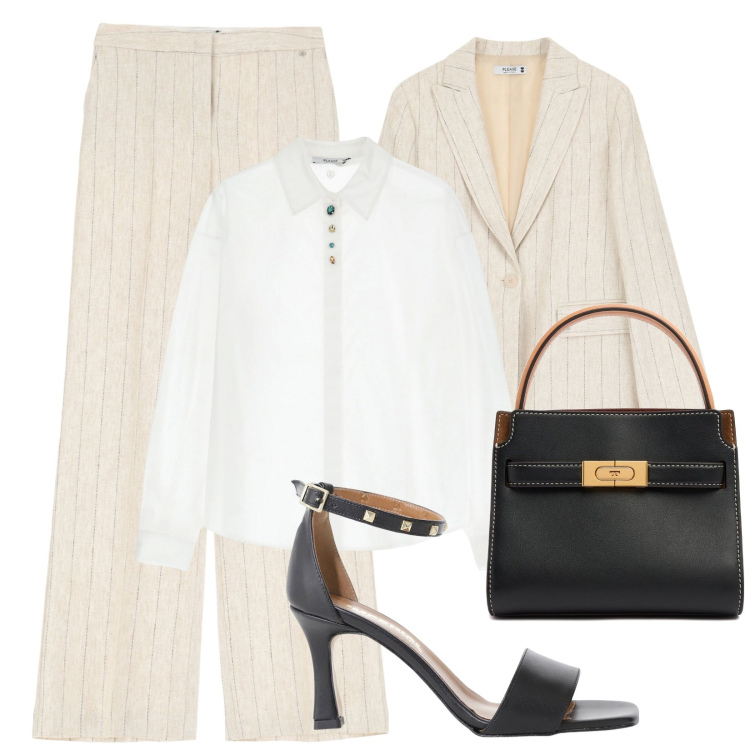 Outfit donna - Please tailleur. Stile Chic per Cerimonia. Abbinamento con camicie, blazer, pantaloni a palazzo, sandali col tacco, borse a mano.