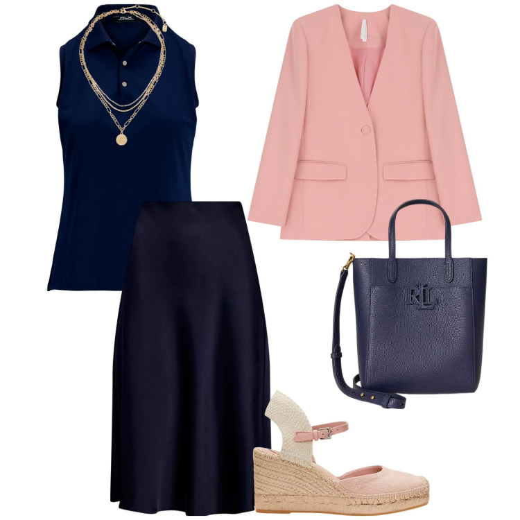 Outfit donna - Rosa in ufficio. per Ufficio. Abbinamento con blazer, ciondoli, polo, borse tote, gonne, espadrillas.