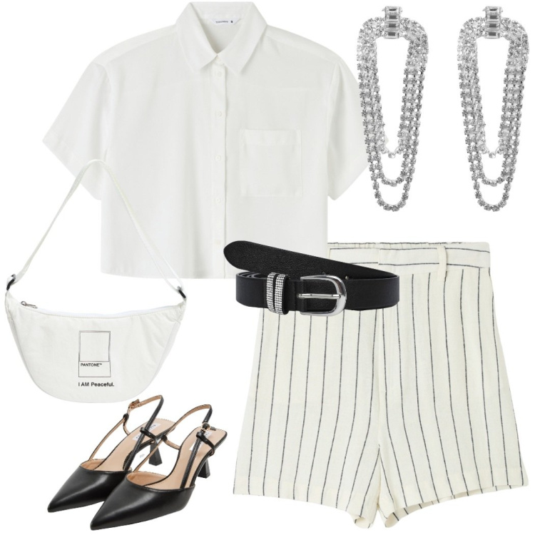 Outfit donna - Bermuda why not. Stile Glamour per Serata fuori. Abbinamento con bermuda, sabot, marsupi, orecchini, camicie a manica corta, cinture.
