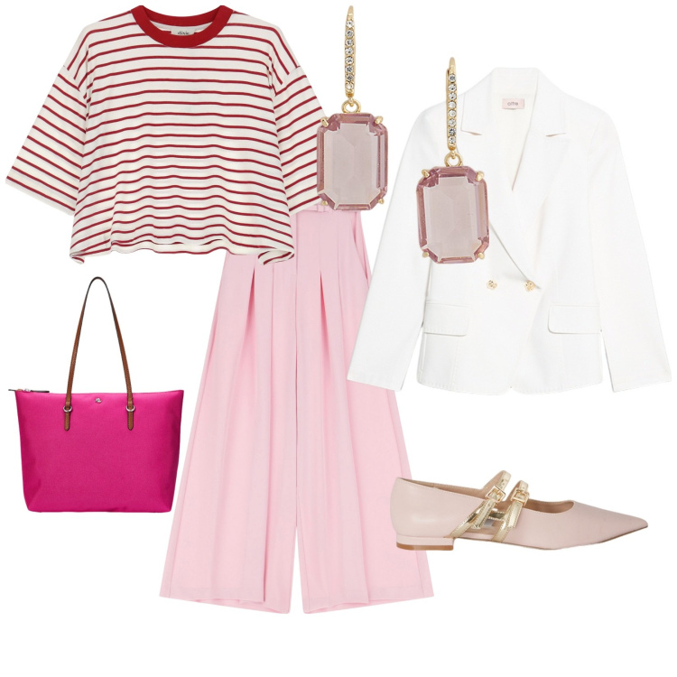 Outfit donna - Rosa a maggio. per Tutti i giorni. Abbinamento con pantaloni, t-shirt, borse tote, orecchini, ballerine, blazer.