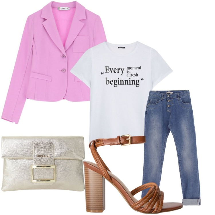 Outfit donna - Total look #2121450. Stile Casual chic per Serata fuori. Abbinamento con pochette, jeans slim fit, blazer, t-shirt, sandali col tacco.