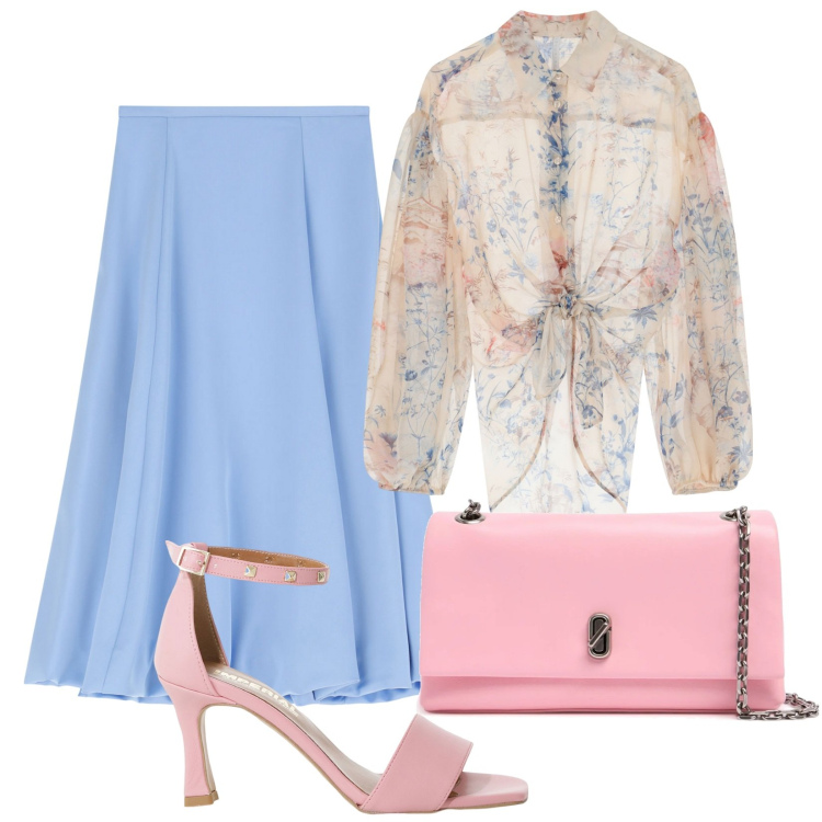 Outfit donna - Dettagli rosa. Stile Casual chic per Serata fuori. Abbinamento con gonne longuette, sandali col tacco, camicie, pochette.