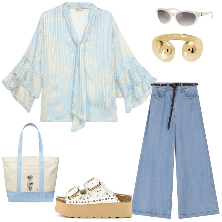 Outfit donna - blue leggera. Stile Bon Ton per Tutti i giorni. Abbinamento con anelli, jeans, occhiali da sole, borse tote, sandali, bluse.