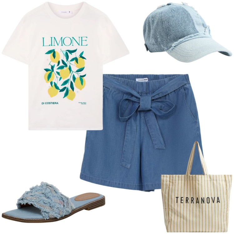 Outfit donna - A Passeggio. Stile Minimal per Mare. Abbinamento con shorts, t-shirt, cappelli, borse tote, ciabatte.