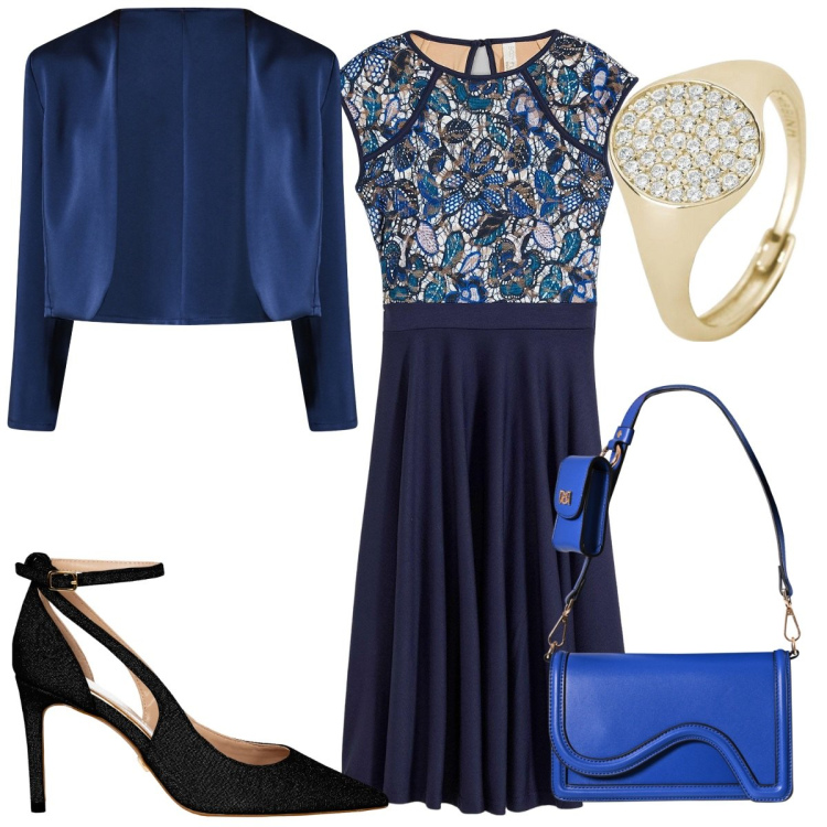 Outfit donna - L\'abito midi è glamour. Stile Glamour per Cerimonia. Abbinamento con vestiti midi/longuette, anelli, décolleté, bolero, pochette.
