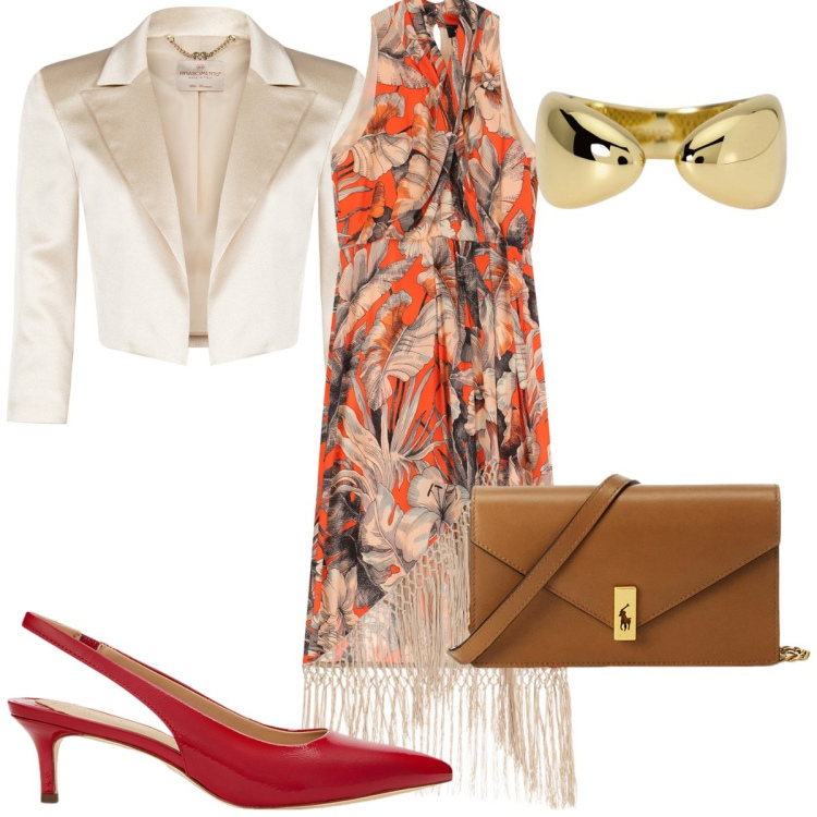 Outfit donna - Speciale Abito Midi: con il bolero. Stile Trendy per Cerimonia. Abbinamento con anelli, bolero, vestiti midi/longuette, clutch, décolleté.