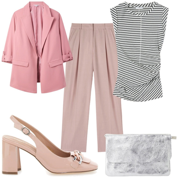 Outfit donna - Il tailleur low cost. Stile Trendy per Cerimonia. Abbinamento con blazer, borse a tracolla, décolleté, pantaloni a palazzo, top.