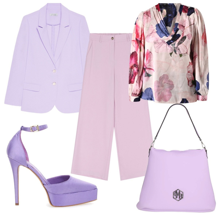 Outfit donna - L\'eleganza del tailleur lilla. Stile Chic per Cerimonia. Abbinamento con borse a spalla, bluse, pantaloni a palazzo, blazer, décolleté.