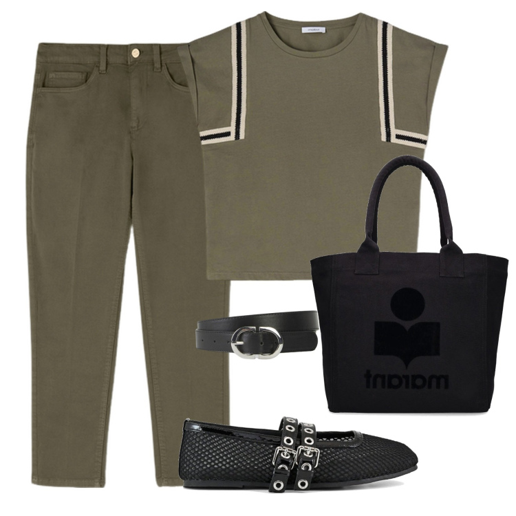 Outfit donna - Verde militare di Motivi. Stile Casual per Tutti i giorni. Abbinamento con cinture, ballerine, pantaloni, shopping bag, t-shirt.