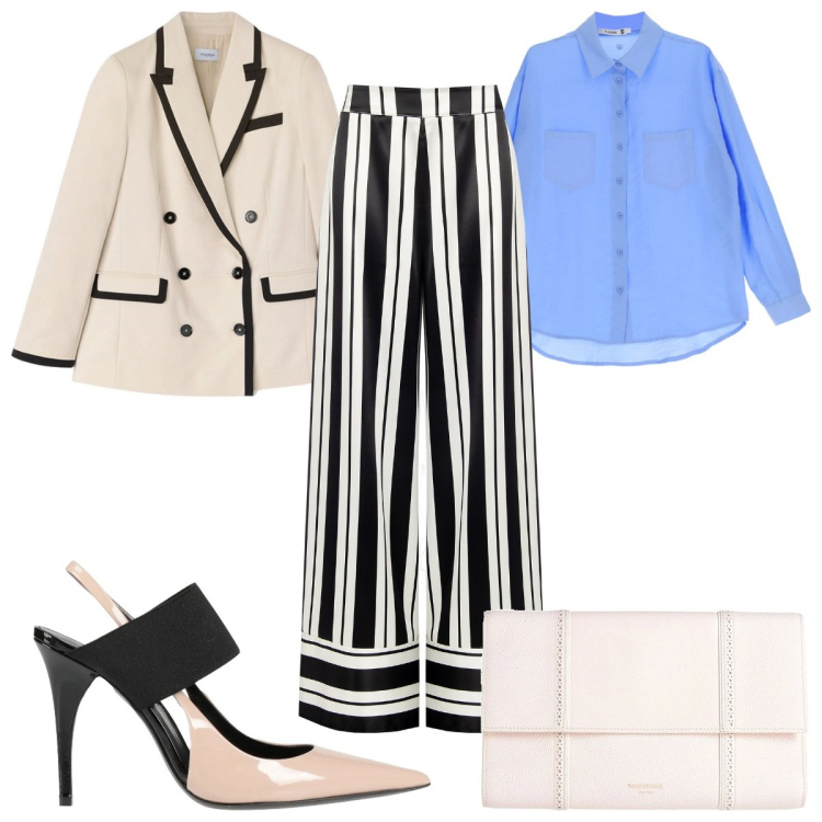 Outfit donna - I pantaloni a righe. Stile Trendy per Cerimonia. Abbinamento con borse a mano, décolleté, pantaloni a palazzo, camicie, blazer.