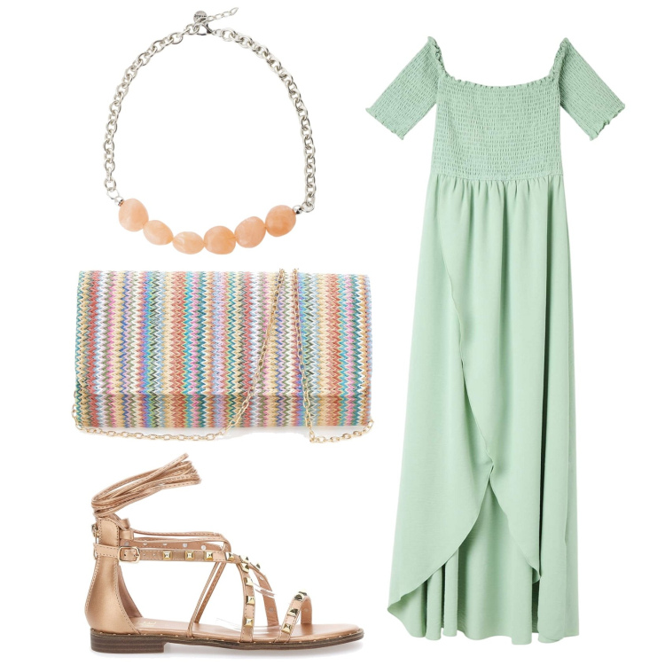 Outfit donna - Le delicate tonalità pastello. Stile Boho per Tutti i giorni. Abbinamento con vestiti lunghi, collane, sandali alla schiava, pochette.