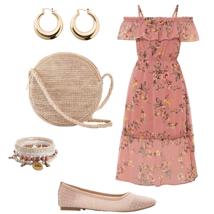 Outfit donna - Bonprix summer vibes. Stile Romantica per Tutti i giorni. Abbinamento con braccialetti, vestiti, borse a tracolla, orecchini, ballerine.