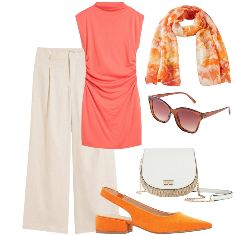 Outfit donna - Bonprix summer vibes. Stile Casual chic per Tutti i giorni. Abbinamento con décolleté, borse a tracolla, vestiti corti, pantaloni a palazzo, sciarpe, occhiali da sole.